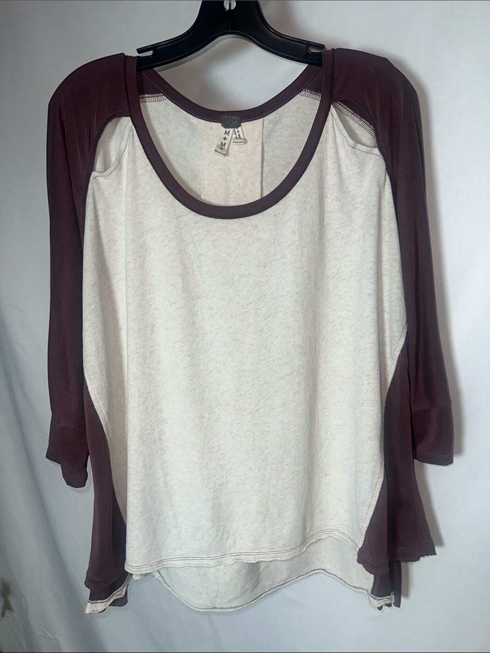 We The Free Cream Body with Dark Brown Raglan Sleeves Long Sleeve Tee